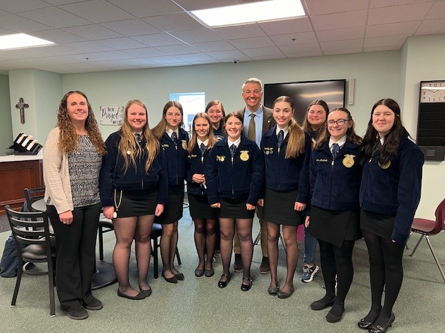 FFA competitors with Mrs. Barkley and parliamentary procedure judge at he regional competition in Millerstown.