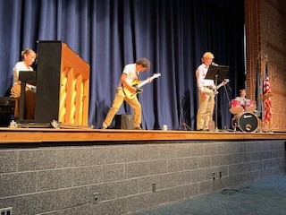The band (with additional pianist Deiter) played during the senior baccalaureate service on May 28.  From left: Deiter, Tubioli, Gardner, Stuck (behind), and Stewart.