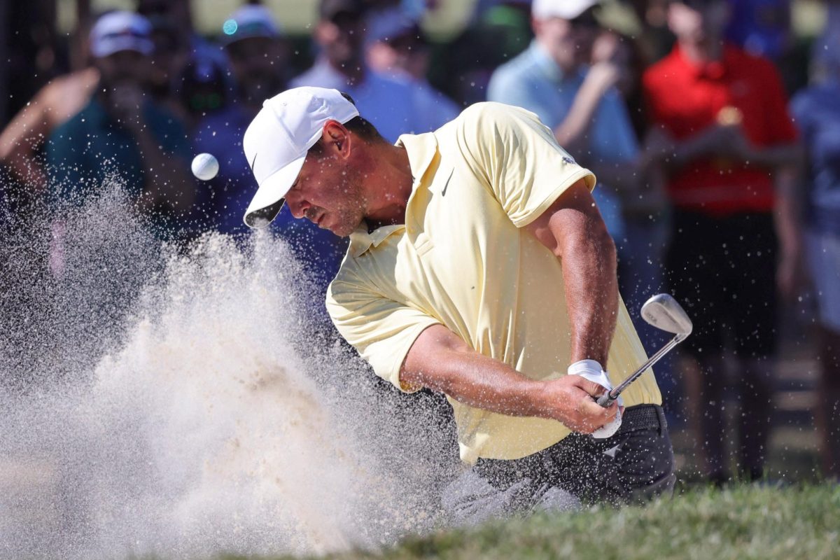 Mar 22, 2026; Palm Harbor, Florida, USA;  Brooks Koepka plays a shot from a bunker on the 16th hole during the final round of the Valspar Championship golf tournament. Mandatory Credit: Reinhold Matay-Imagn Images