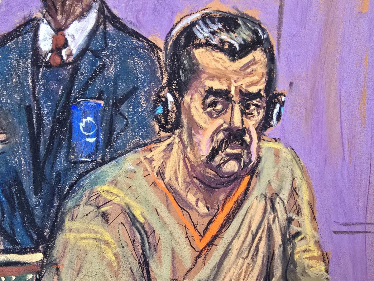 Ousted Venezuelan President Nicolas Maduro attends a hearing in a narco-terrorism case accusing him of running a cartel of Venezuelan officials that flooded the U.S. with cocaine, at the Daniel Patrick Moynihan United States Court House in New York City, U.S., March 26, 2026 in this courtroom sketch.   REUTERS/Jane Rosenberg