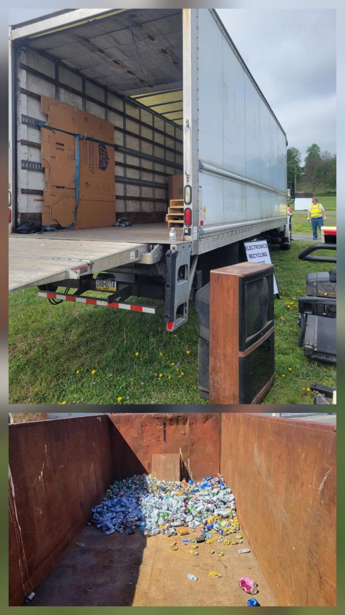 Above: loading the electronics at the fairgrounds; Below: an empty dumpster that should be filled with cans